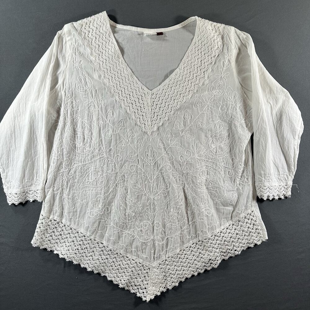 ASHA White Cotton V-Neck 3/4 Sleeve Embroidered Crochet Blouse Women L